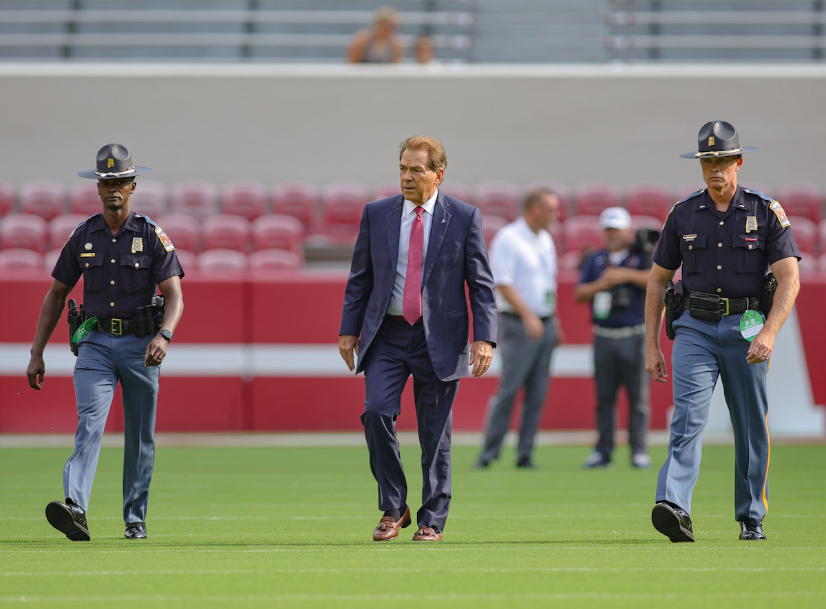 Alabama Crimson Tide Head Coach Nick Saban makes a pre-game walk around of Bryant Denny Stadium
