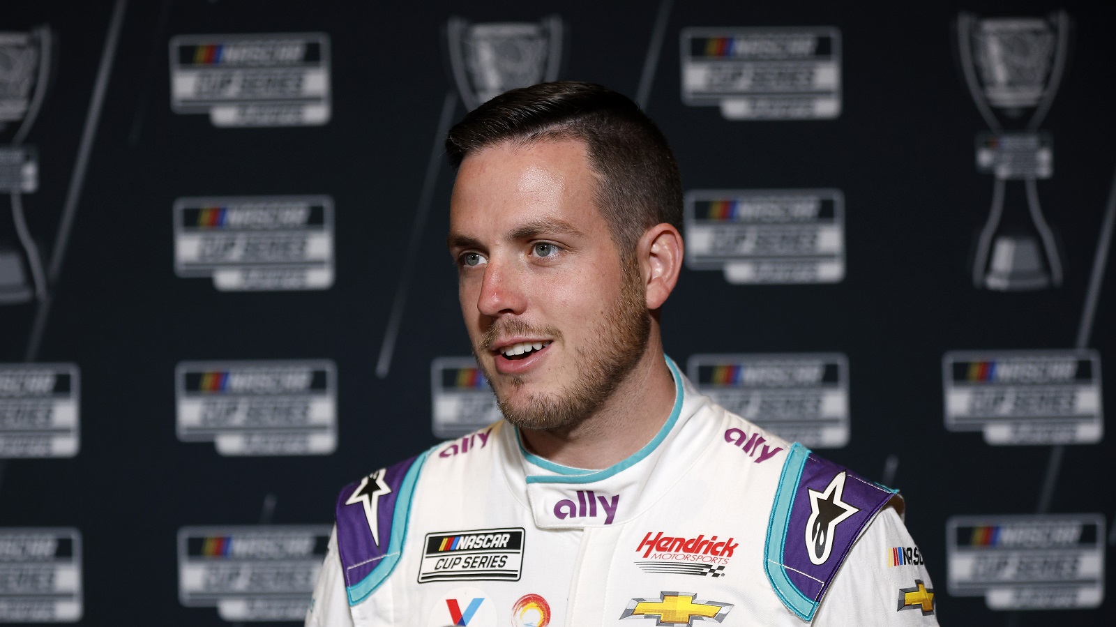 NASCAR driver Alex Bowman speaks with reporters during the NASCAR Cup Series Playoff Media Day at Charlotte Convention Center on Sept. 1, 2022 in Charlotte, North Carolina.