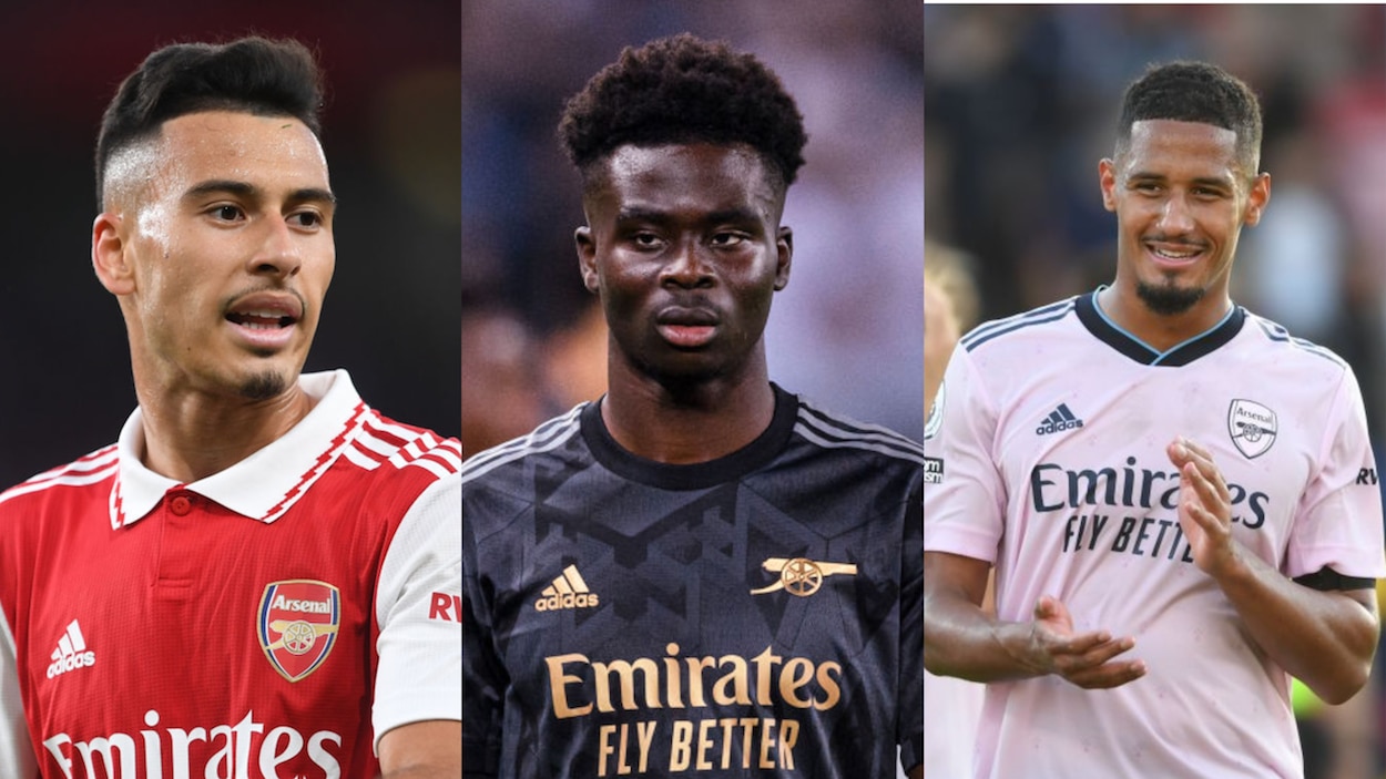 Gabriel Martinelli (L), Bukayo Saka (C), and William Saliba (R).