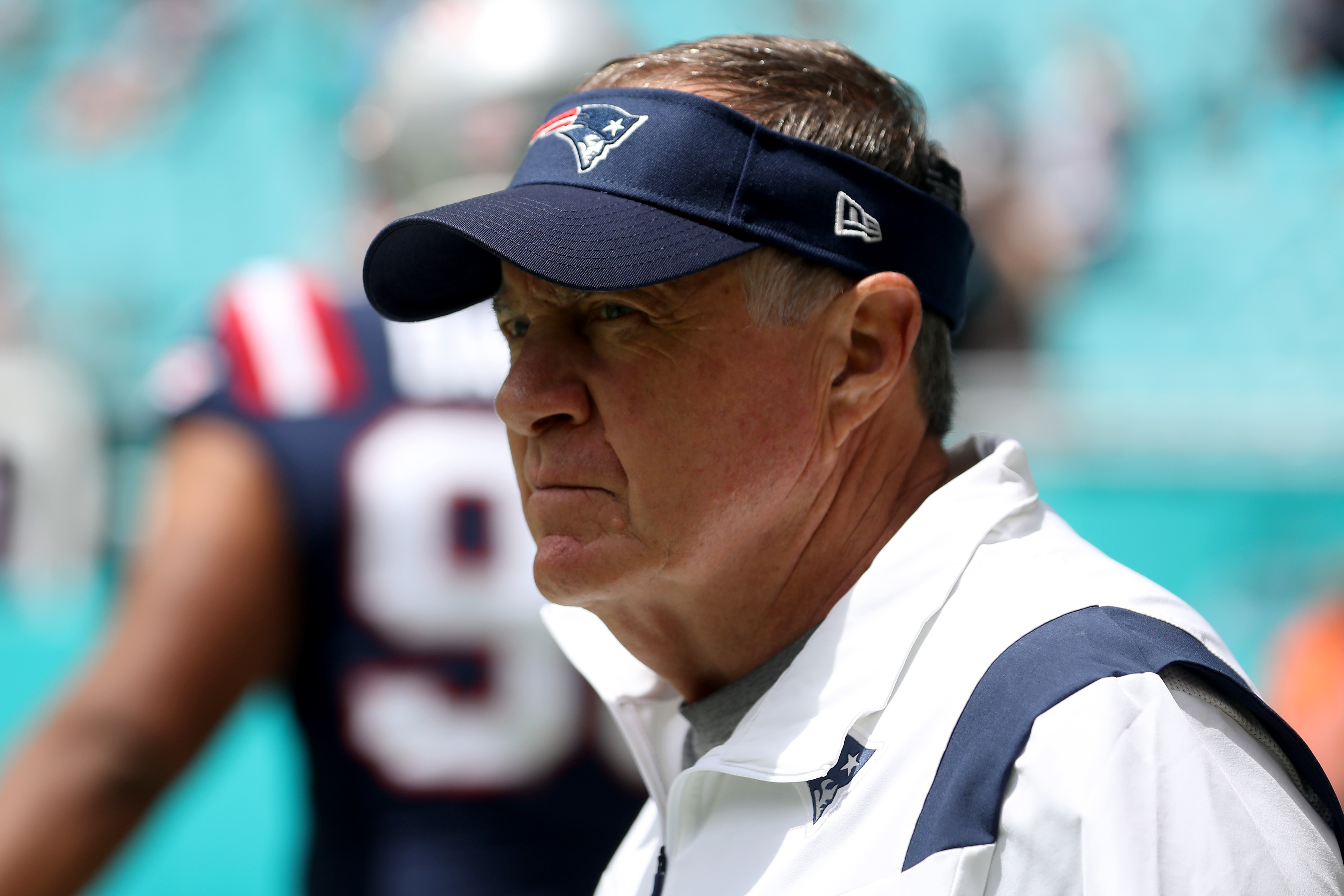 Head coach Bill Belichick of the New England Patriots looks on before the game against the Miami Dolphins at Hard Rock Stadium on September 11, 2022, in Miami Gardens, Florida.