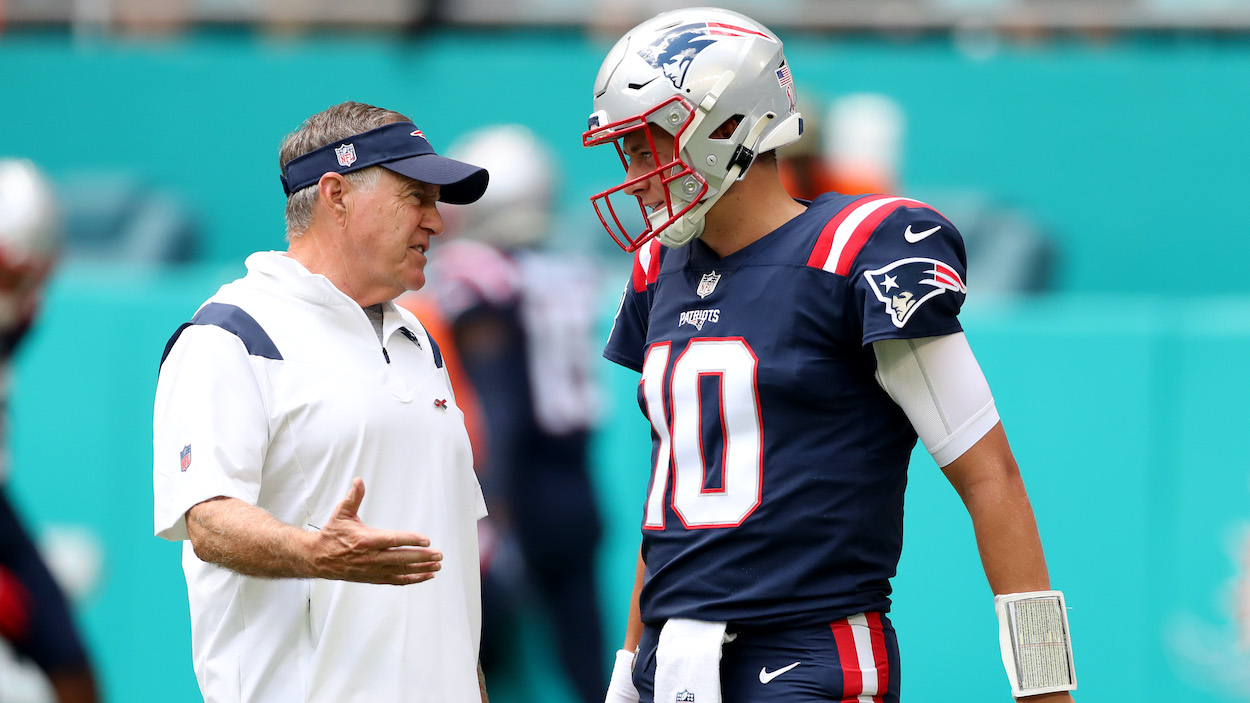 Head coach Bill Belichick and quarterback Mac Jones of the New England Patriots in Week 1 of the 2022 NFL season.