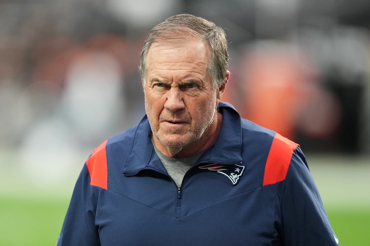 Bill Belichick ahead of a Patriots-Raiders preseason matchup in August 2022