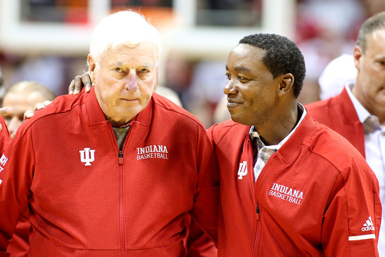 Former Indiana basketball coach Bob Knight (L) and guard Isiah Thomas (R).