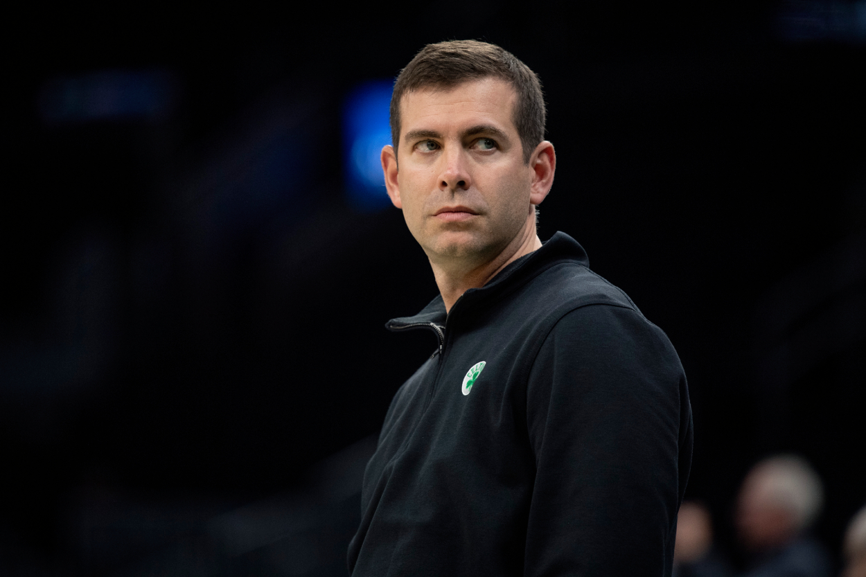 Boston Celtics President of Basketball Operations Brad Stevens looks on before Game 5 of the Eastern Conference Semifinals.