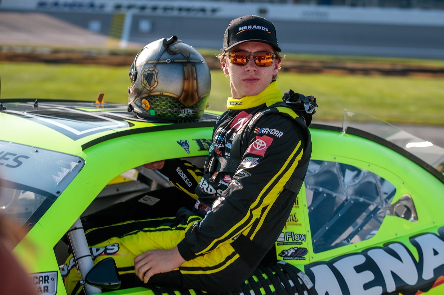 Brandon Jones sits in his car after qualifying for the NASCAR Xfinity Series Kansas Lottery 300 race on Sept. 9, 2022 at Kansas Speedway in Kansas City, Kansas.