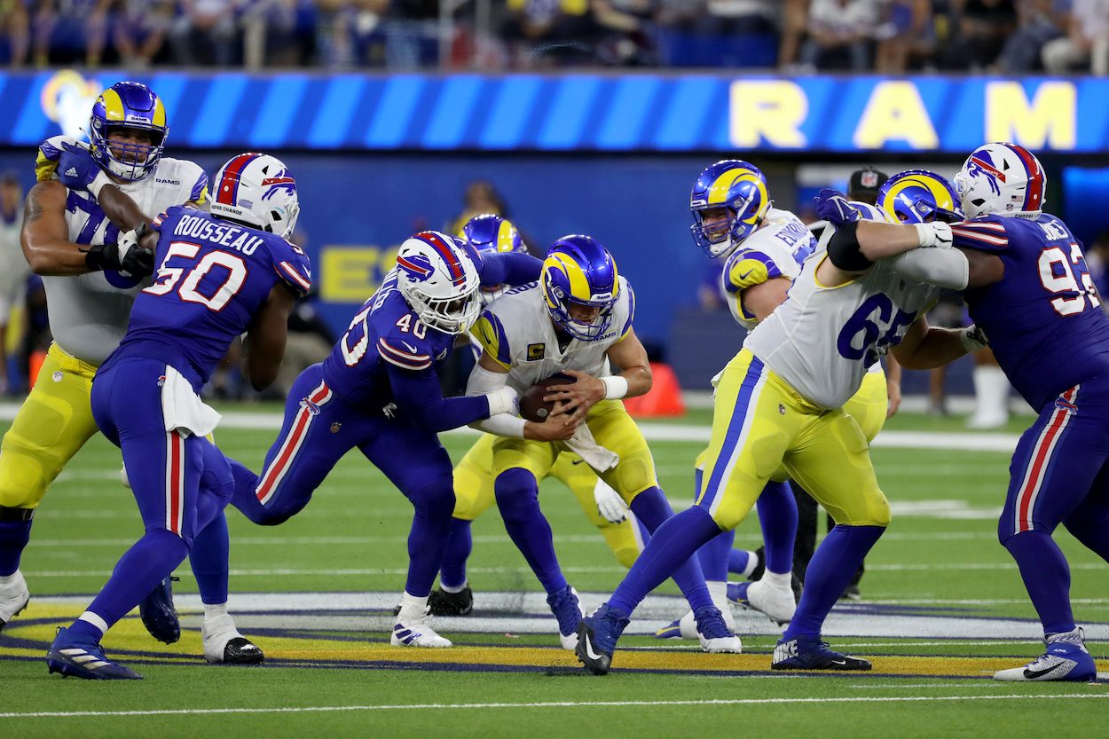 Buffalo Bills linebacker Von Miller sacks Los Angeles Rams quarterback Matthew Stafford.