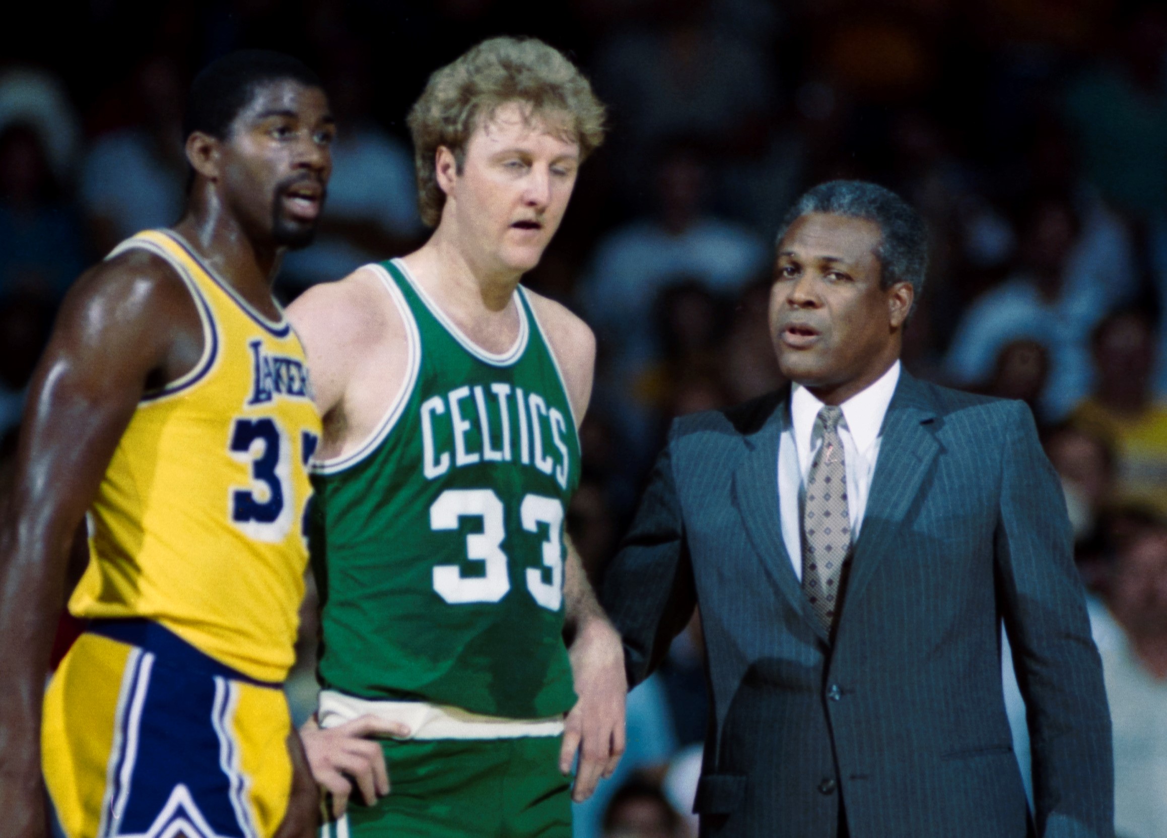 Los Angeles Lakers guard Magic Johnson and Boston Celtics forward Larry Bird.