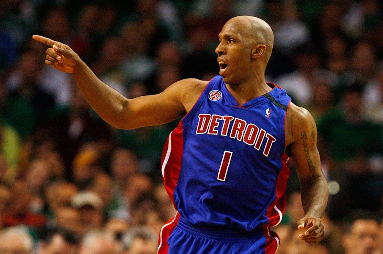 Guard Chauncey Billups gestures during his time with the Detroit Pistons.