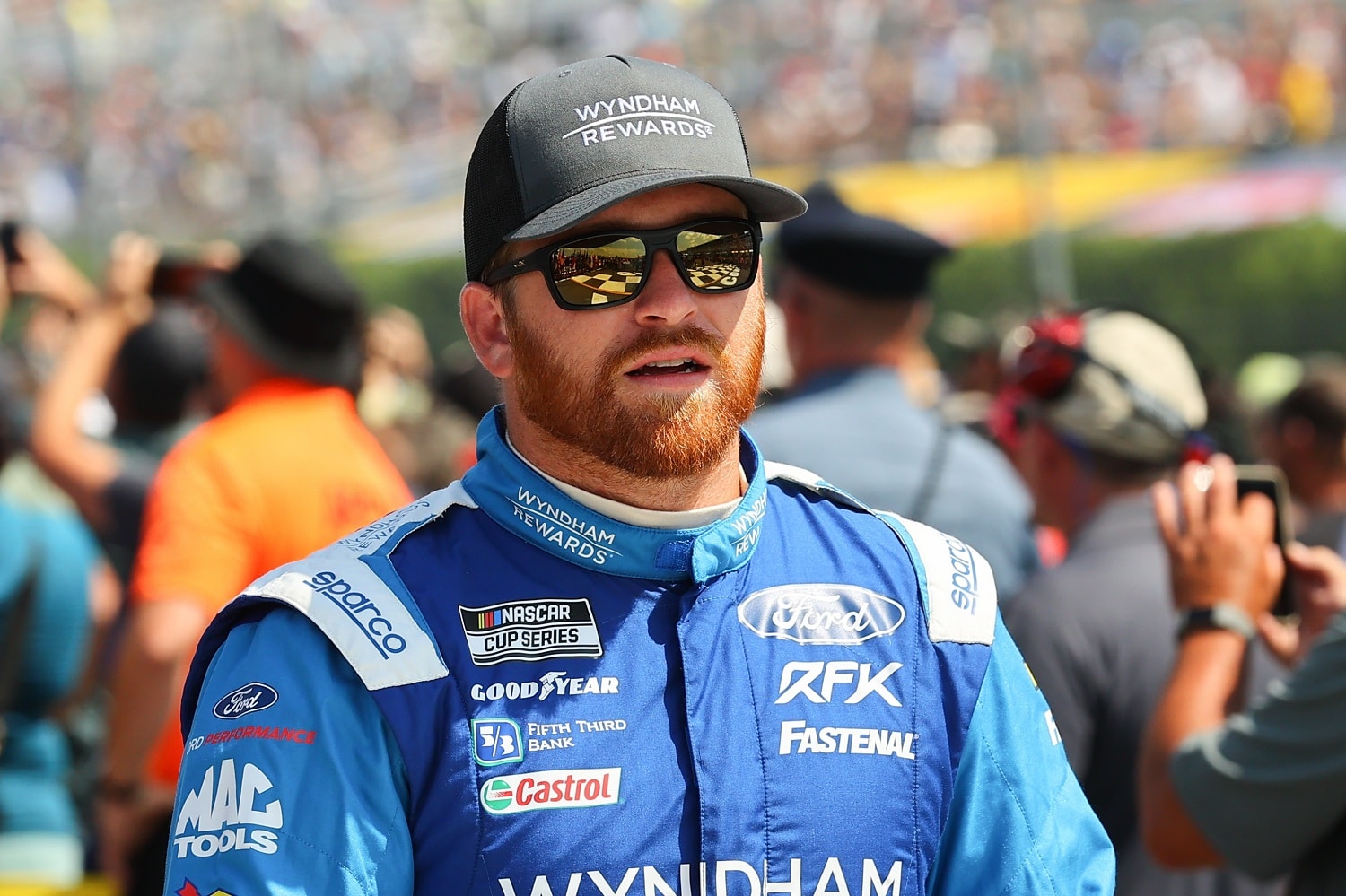 Chris Buescher during driver introductions prior to the NASCAR Cup Series M&Ms Fan Appreciation 400 on July 24, 2022, at Pocono Raceway in Long Pond, Pennsylvania. | Rich Graessle/Icon Sportswire via Getty Images