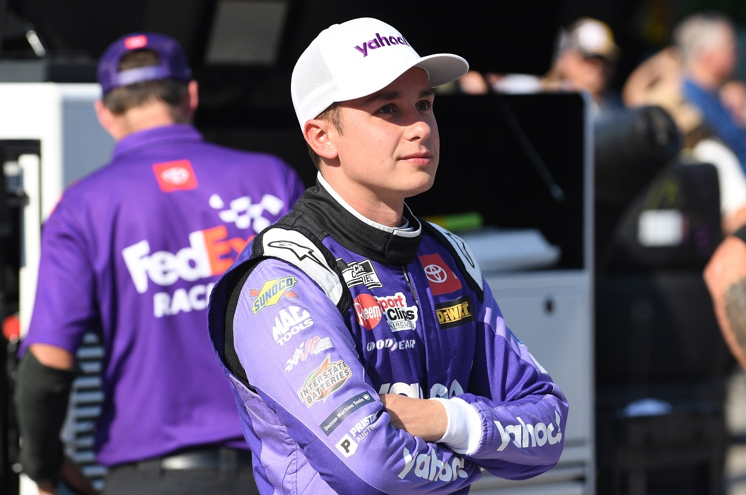 Christopher Bell looks on during qualifying for the NASCAR Cup Series Bass Pro Shops Night Race on Sept. 16, 2022.