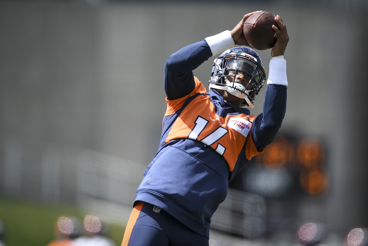 Courtland Sutton catches a pass in practice.