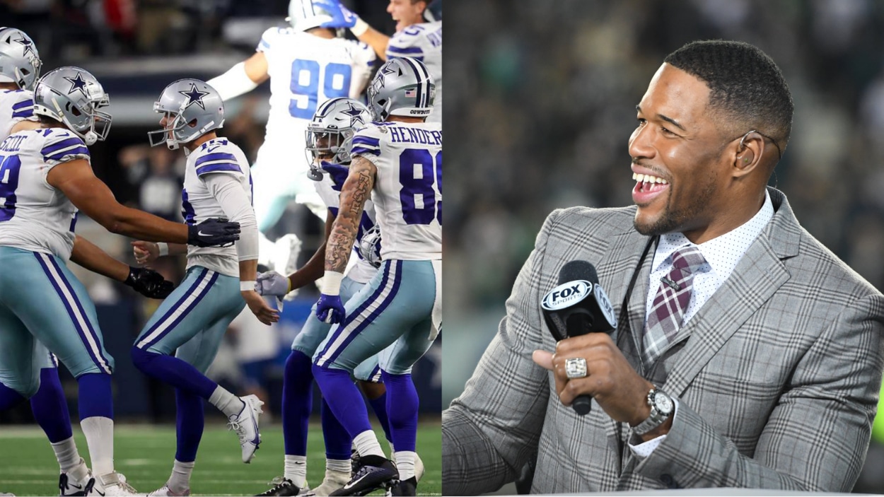 Michael Strahan (R) spoke too soon on the Fox pregame show ahead of the Dallas Cowboys Week 2 win (L).