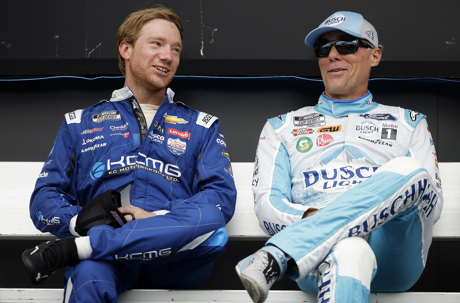 Kevin Harvick and Tyler Reddick wait backstage during pre-race ceremonies at the NASCAR Cup Series Go Bowling at The Glen at Watkins Glen International on Aug. 21, 2022.