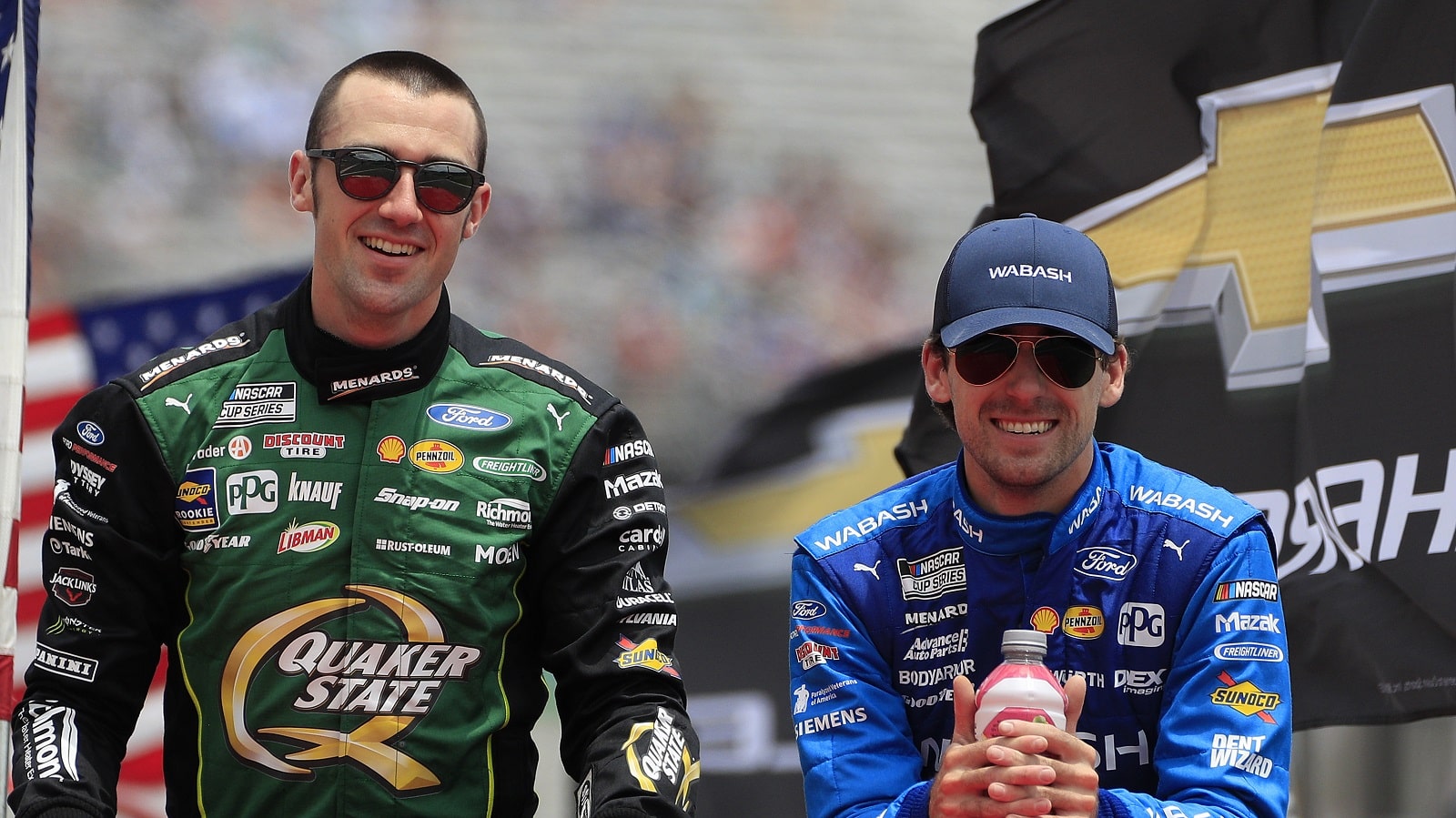 Austin Cindric and Ryan Blaney before the Quaker State 400 NASCAR race on July 10, 2022, at the Atlanta Motor Speedway.