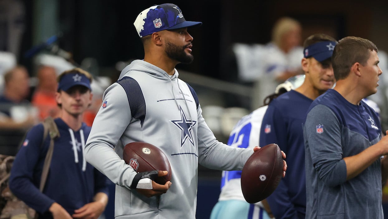 Dak Prescott of the Dallas Cowboys looks on during warmups before Week 2.