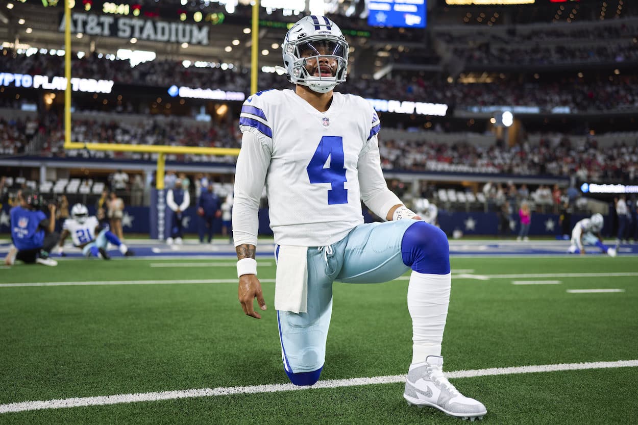 Dak Prescott looks on before a game against the Buccaneers.