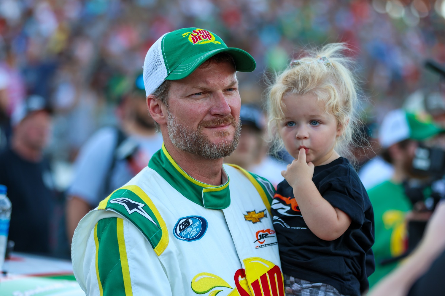 Dale Earnhardt Jr. spends time with his daughter just before the Cars Tour LMSC 125 on Aug 31, 2022, at the North Wilkesboro Speedway.