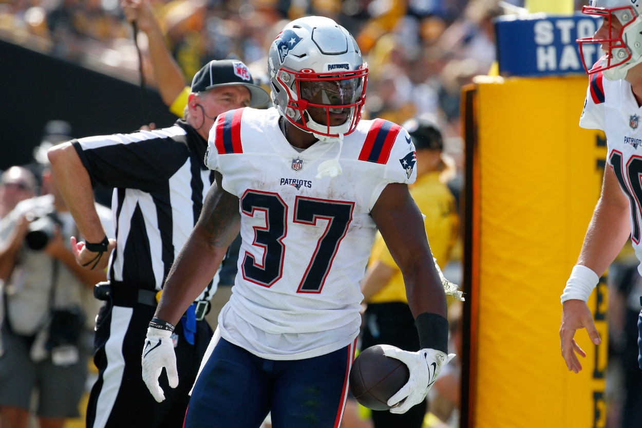 Damien Harris of the New England Patriots celebrates after a touchdown.