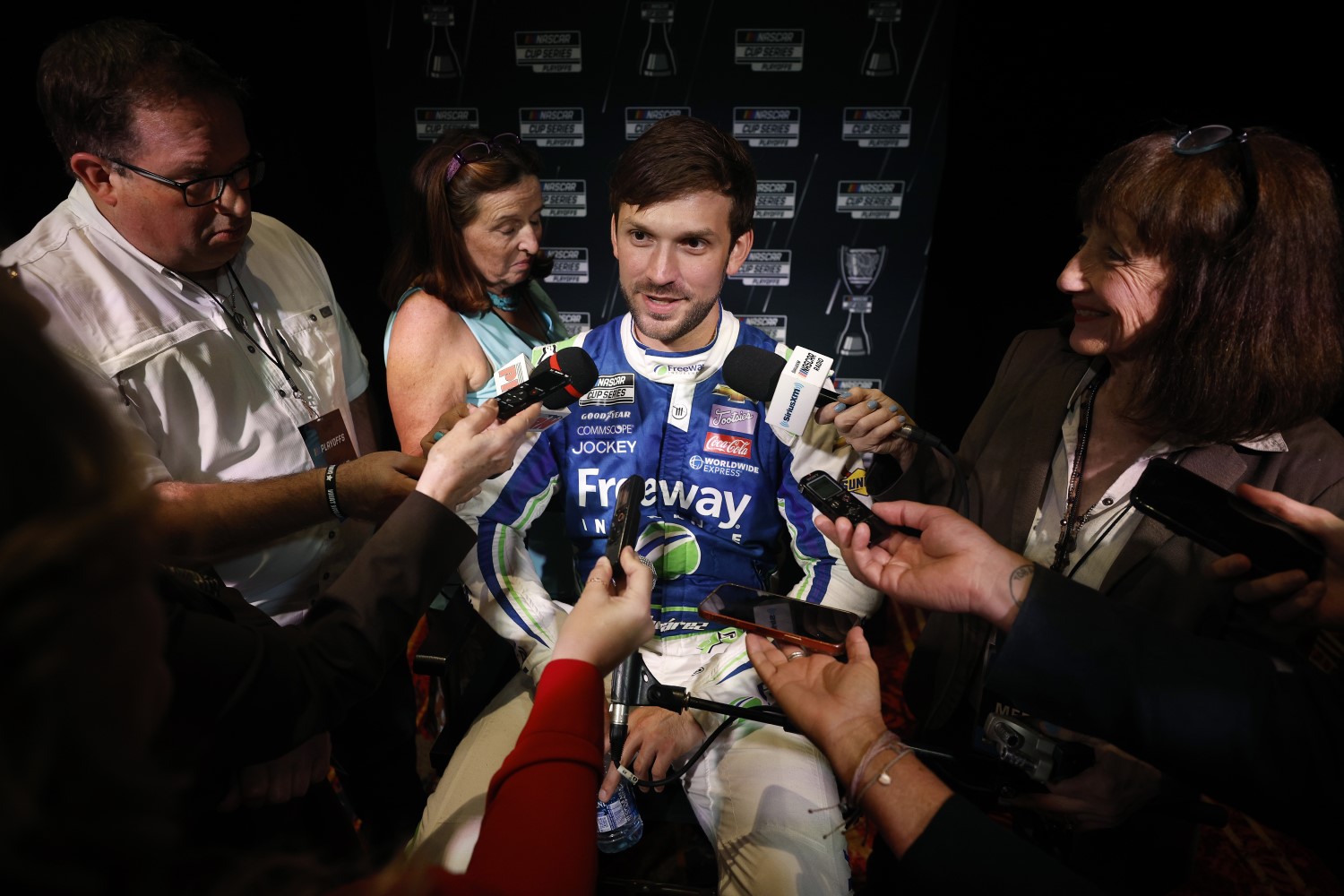 Daniel Suarez speaks with reporters during the NASCAR Cup Series Playoff Media Day at Charlotte Convention Center on Sept. 1, 2022, in Charlotte, North Carolina.