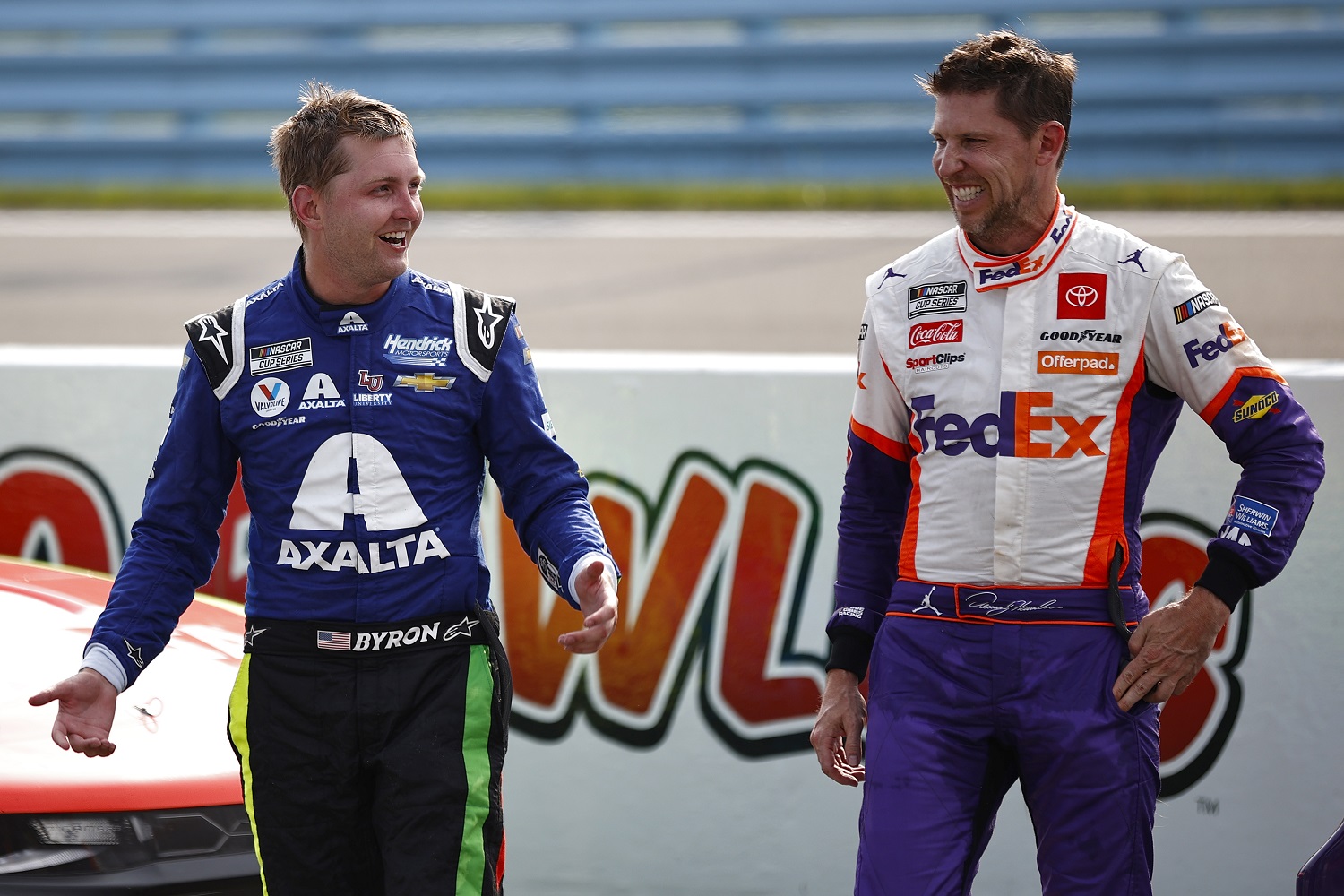William Byron and Denny Hamlin talk after the NASCAR Cup Series Go Bowling at The Glen at Watkins Glen International on Aug. 08, 2021.