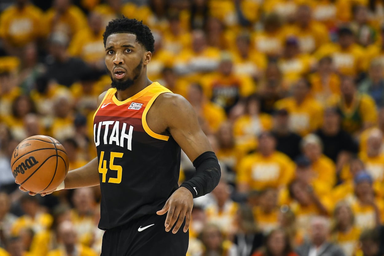 Donovan Mitchell looks on during a game.