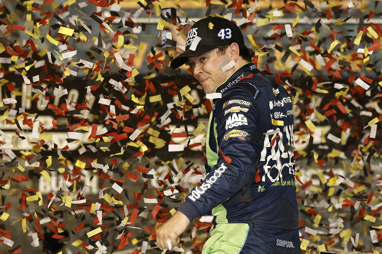 Erik Jones celebrates his win at the 2022 NASCAR Cup Series Cook Out Southern 500
