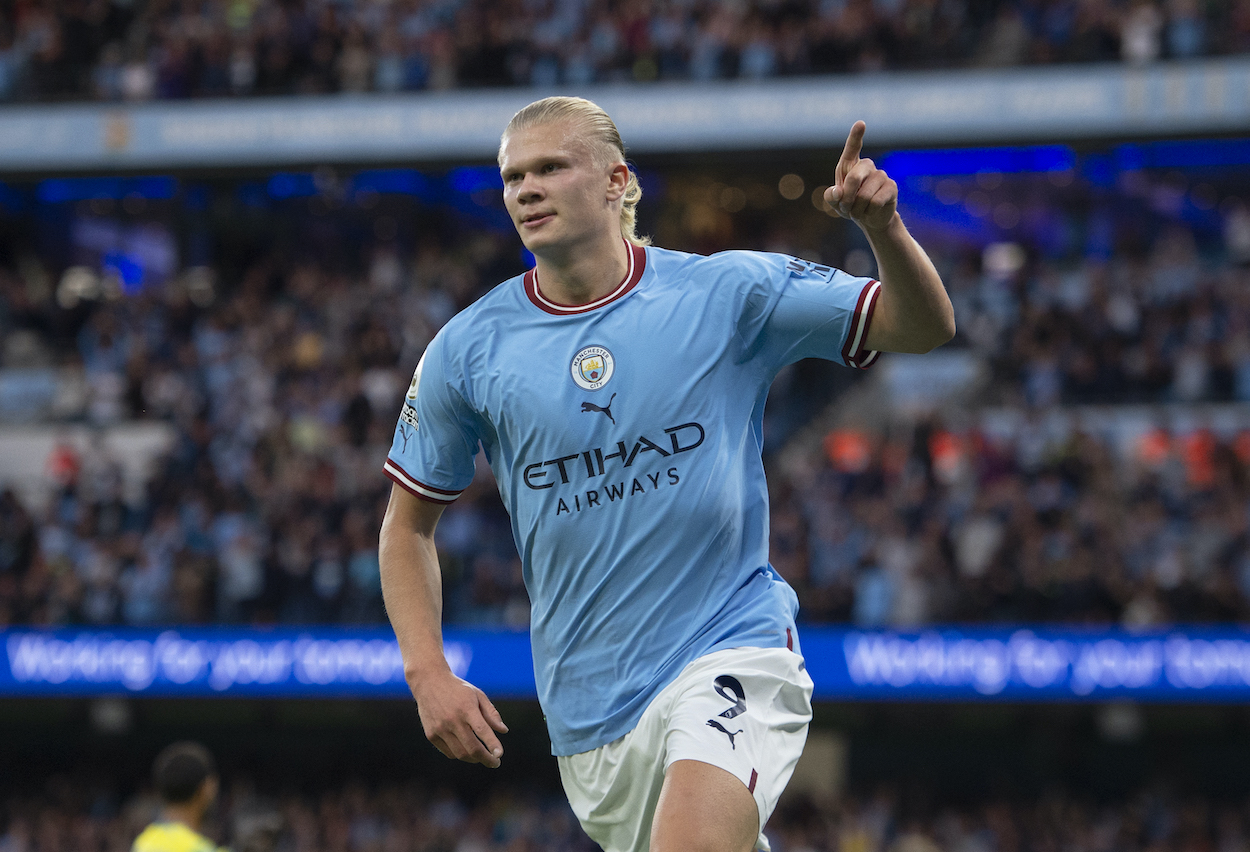 Erling Haaland of Manchester City celebrates his second goal during the Premier League match between Manchester City and Nottingham Forest.
