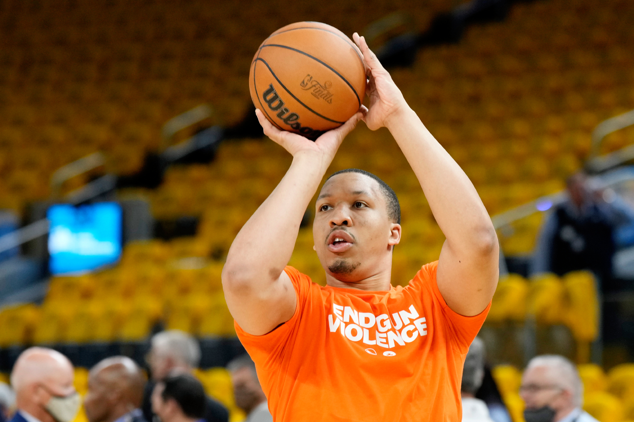 Grant Williams of the Boston Celtics warms up before Game 2 of the 2022 NBA Finals.