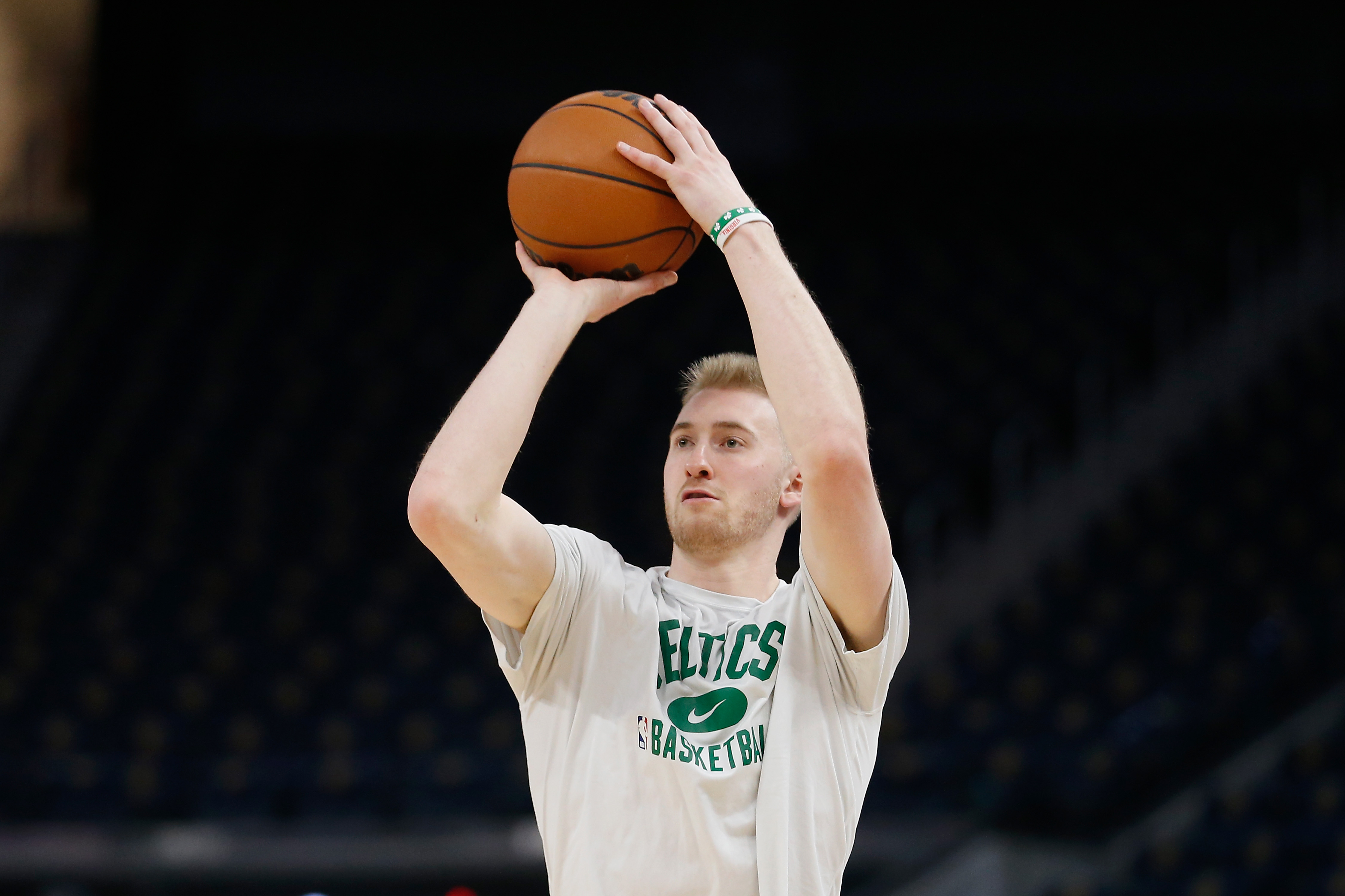 Sam Hauser of the Boston Celtics warms up before the game against the Golden State Warriors at Chase Center on March 16, 2022, in San Francisco,