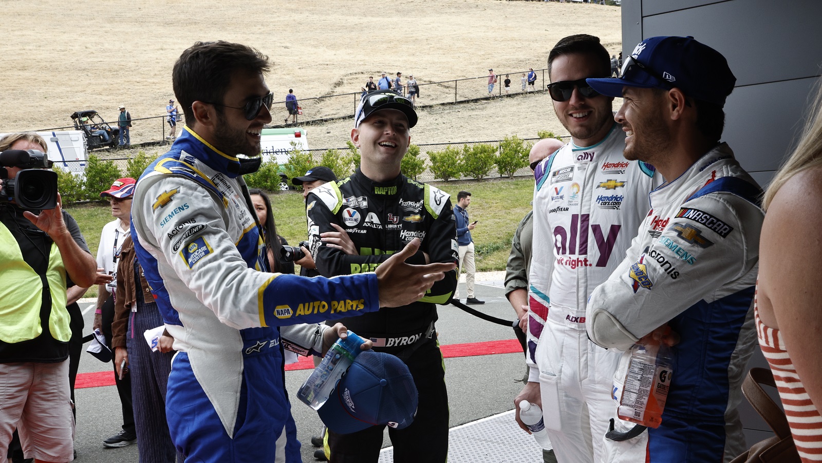 Chase Elliott William Byron, Alex Bowman, and Kyle Larson share a laugh at the 1948 Club prior to the NASCAR Cup Series Toyota/Save Mart 350 at Sonoma Raceway on June 12, 2022.