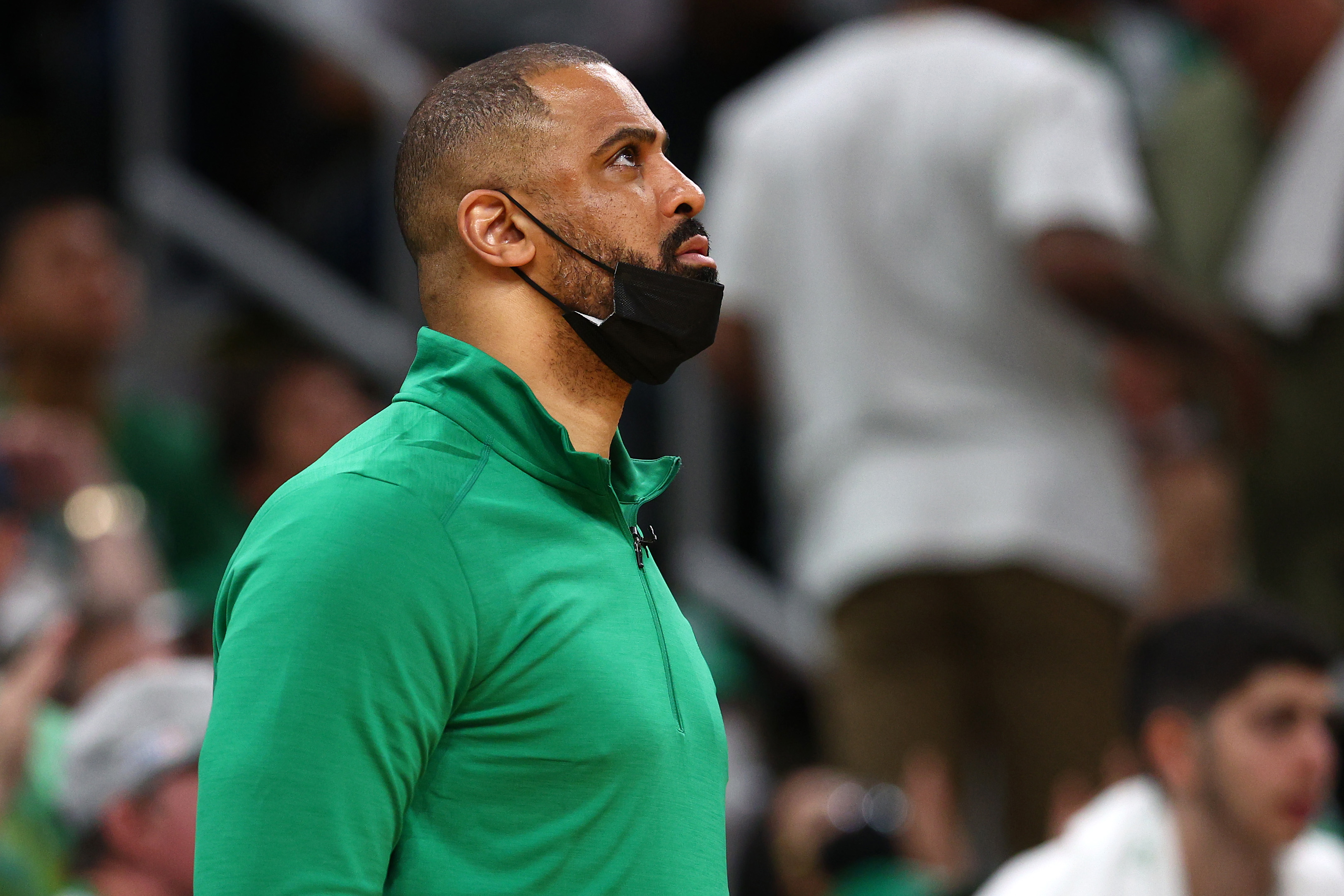 Head coach Ime Udoka of the Boston Celtics looks on in the third quarter against the Golden State Warriors.