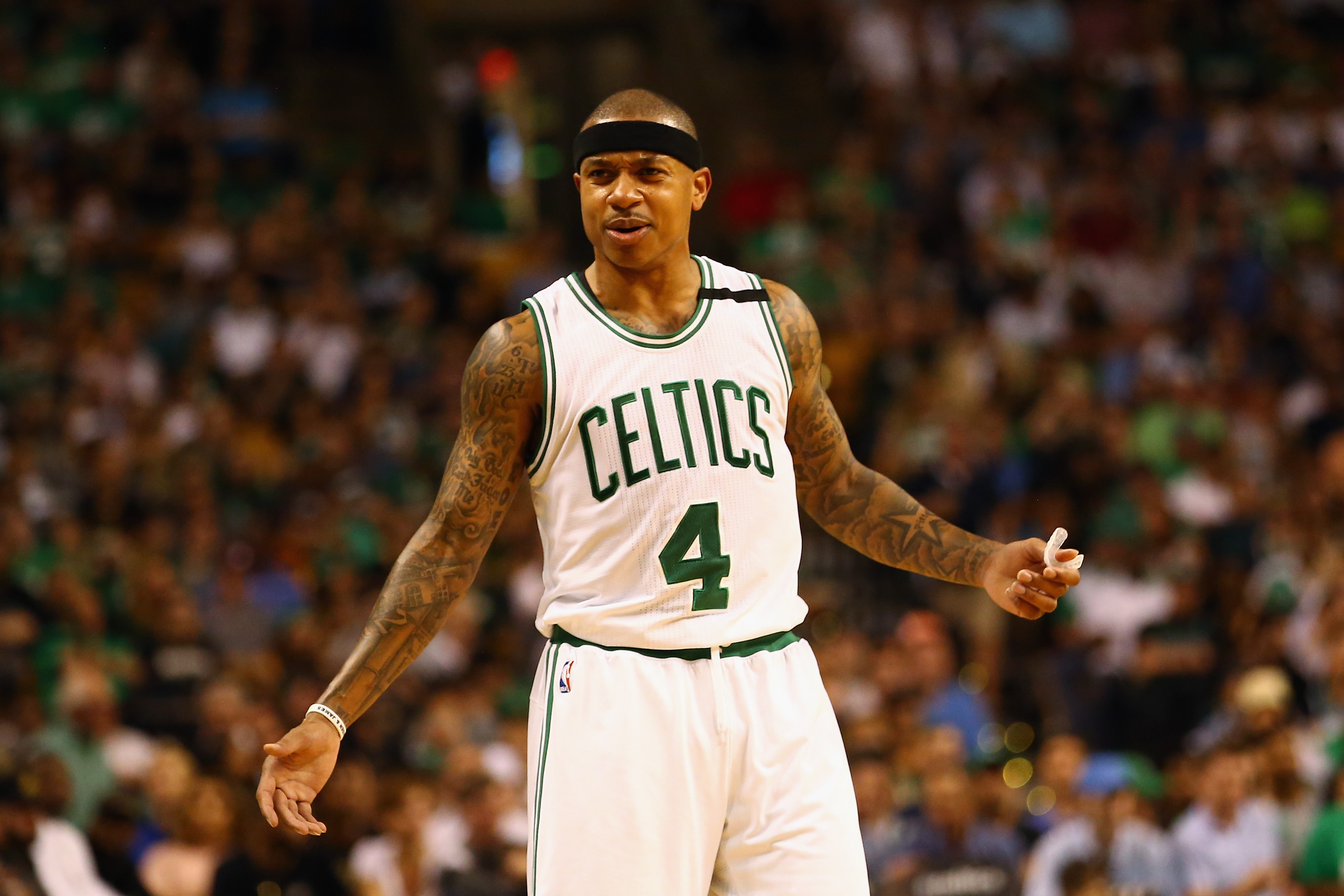 Isaiah Thomas of the Boston Celtics reacts in the first half against the Cleveland Cavaliers.