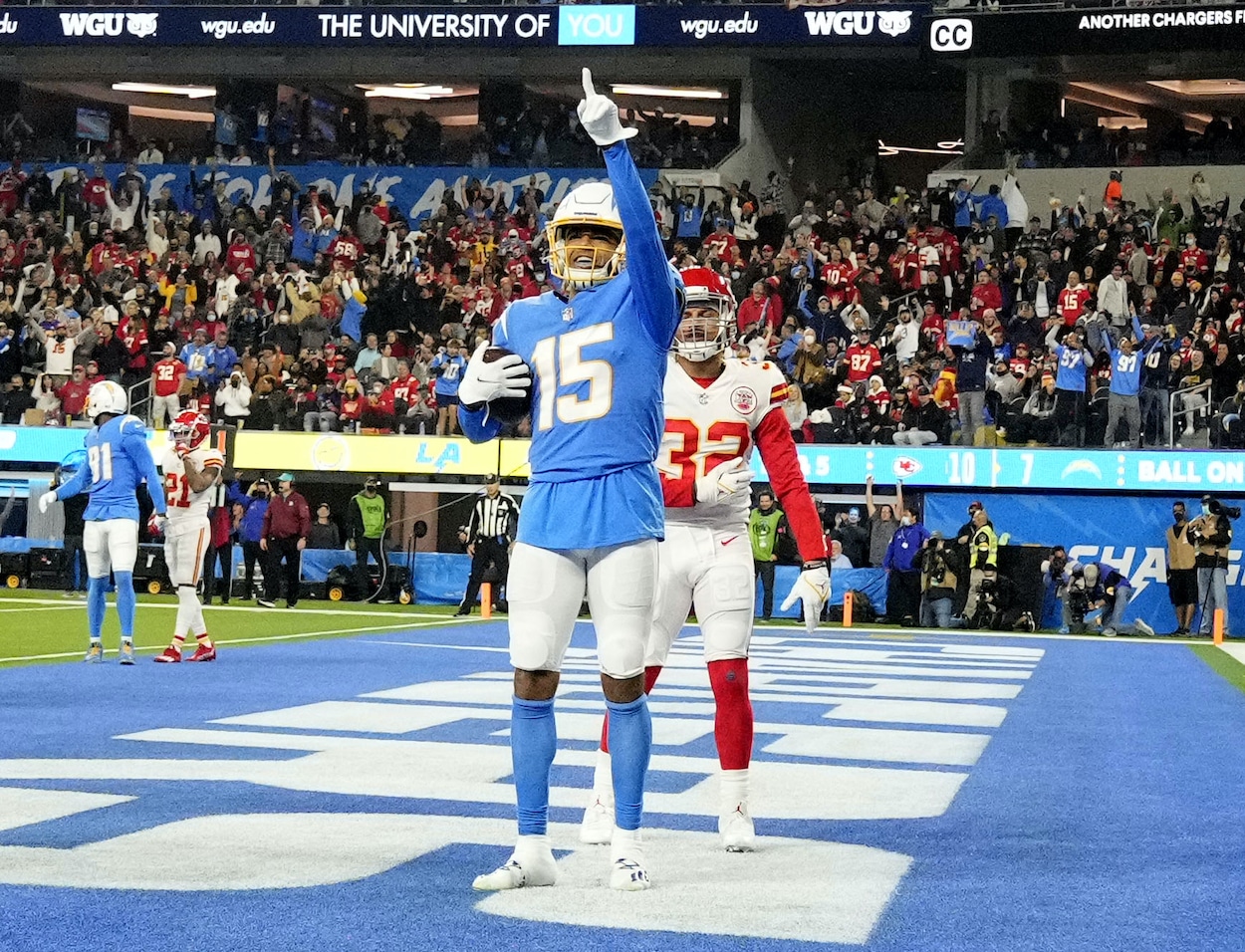 Jalen Guyton celebrates a touchdown catch.