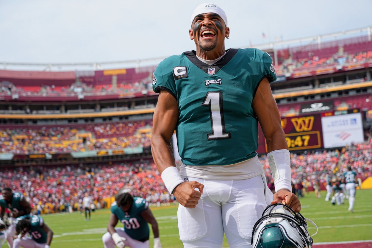 Jalen Hurts celebrates after an Eagles win.