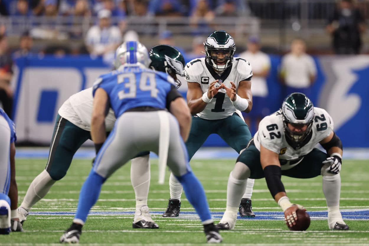Philadelphia Eagles quarterback Jalen Hurts stares down the Detroit Lions defense. | Gregory Shamus/Getty Images