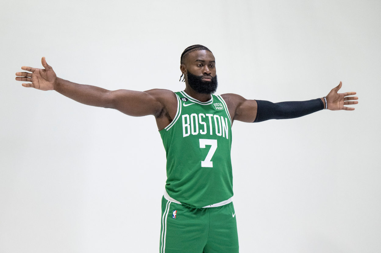 Jaylen Brown of the Boston Celtics poses for photos during Boston Celtics Media Day.