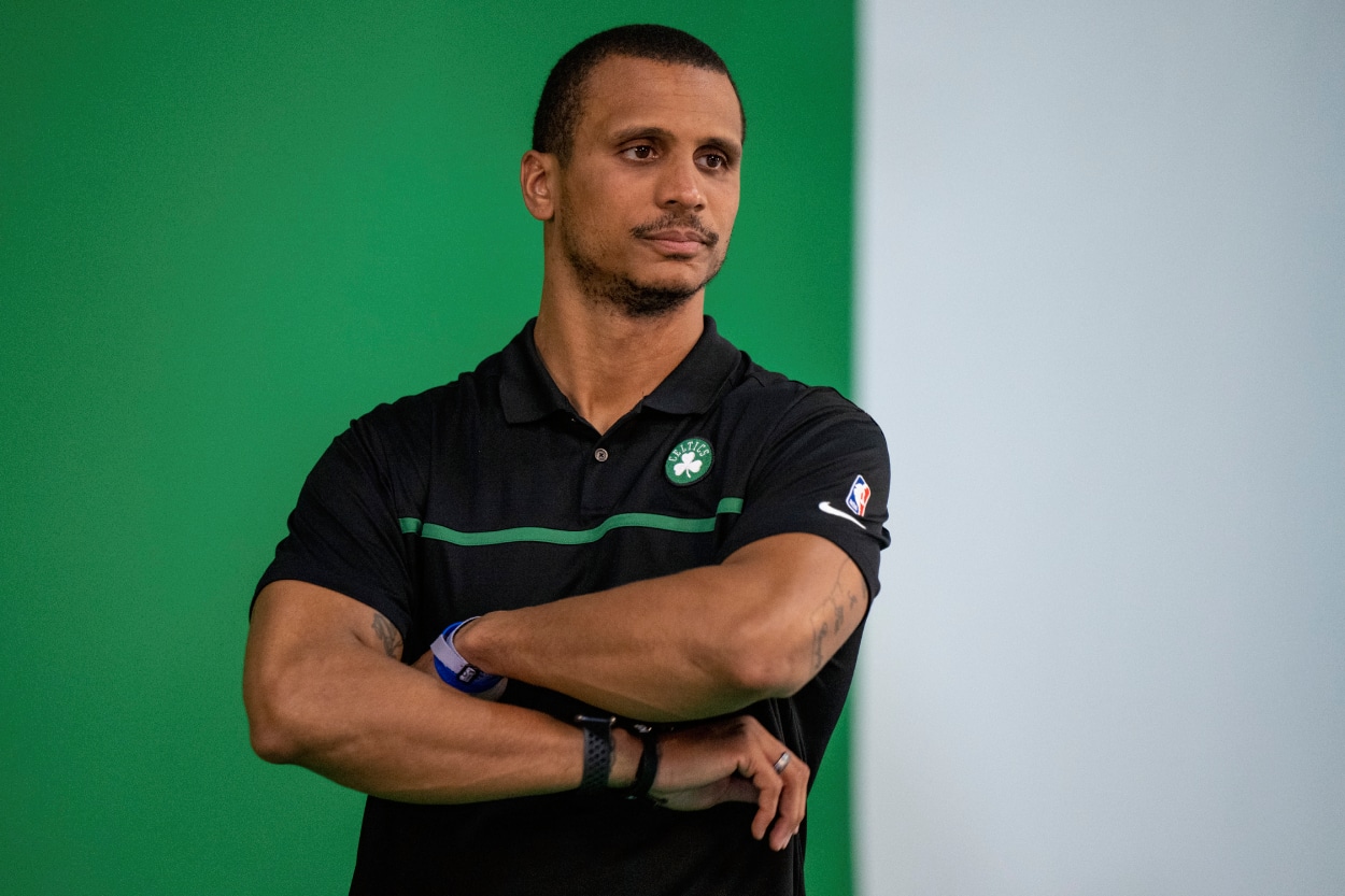 Interim head coach Joe Mazzulla of the Boston Celtics poses for photos.