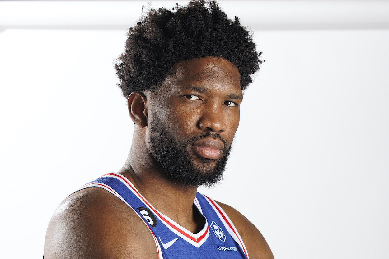 Joel Embiid poses during media day.