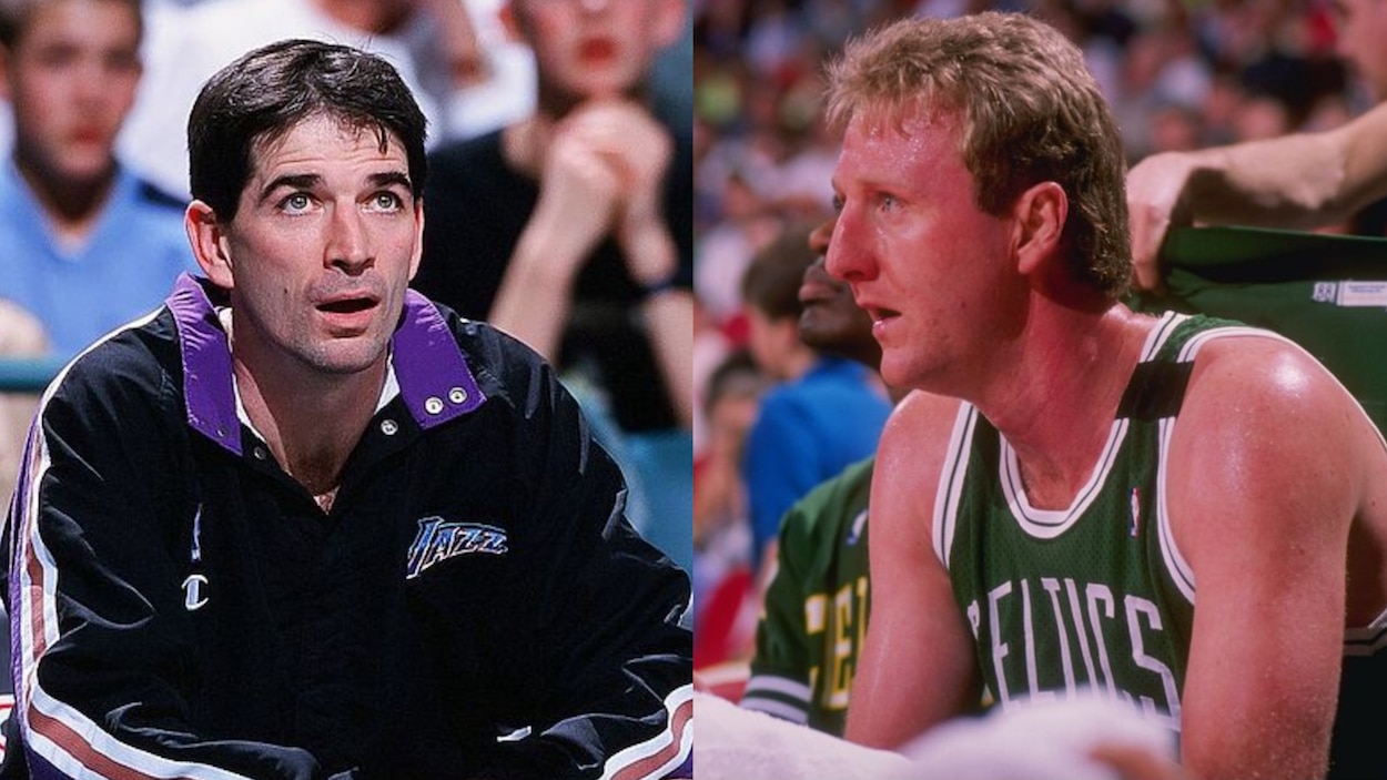 Utah Jazz guard John Stockton (L) and Boston Celtics forward Larry Bird (R)