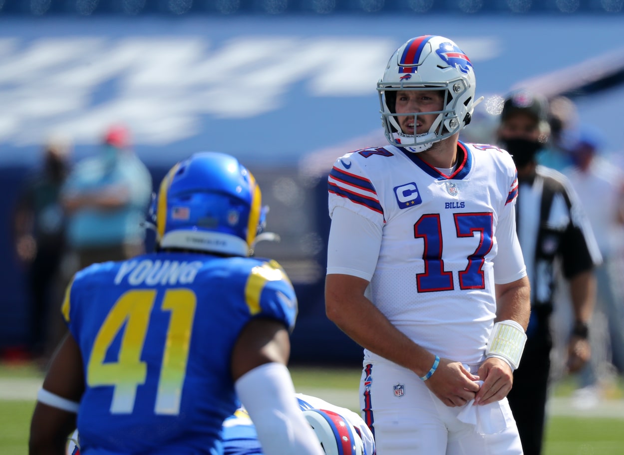 Josh Allen looks on against the Rams.