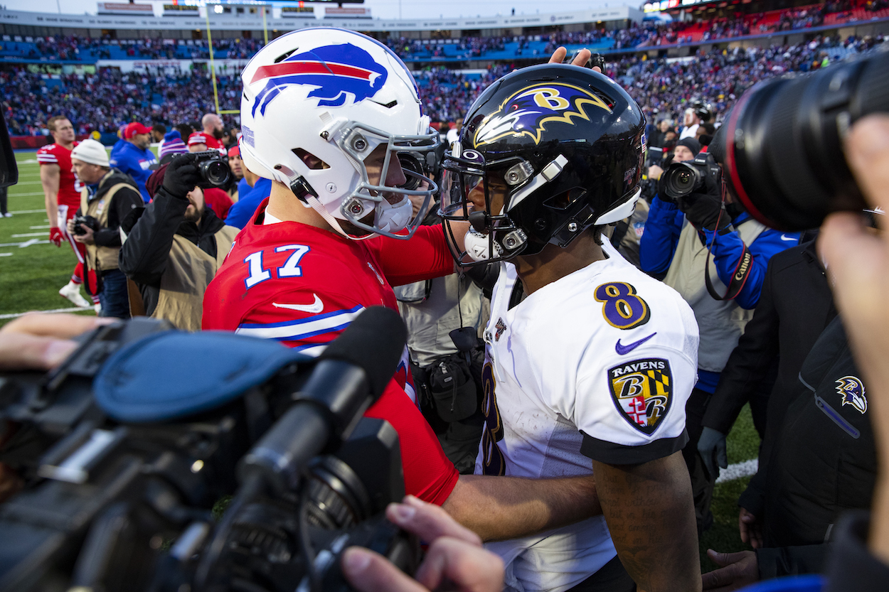 Josh Allen and Lamar Jackson shakes hands after a game.