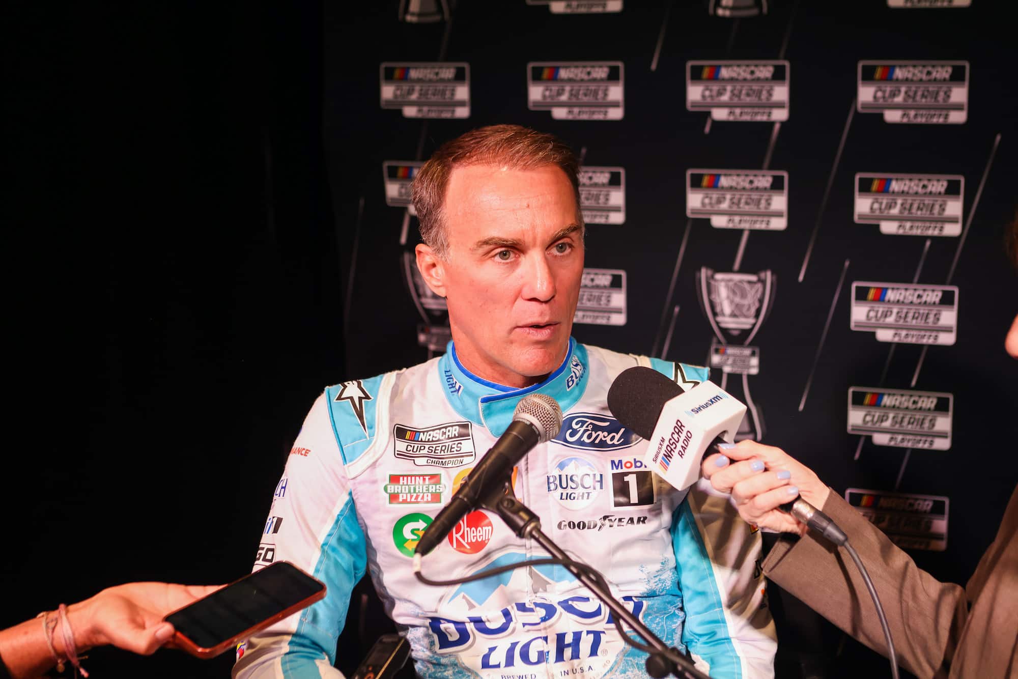 Kevin Harvick speaks to the media