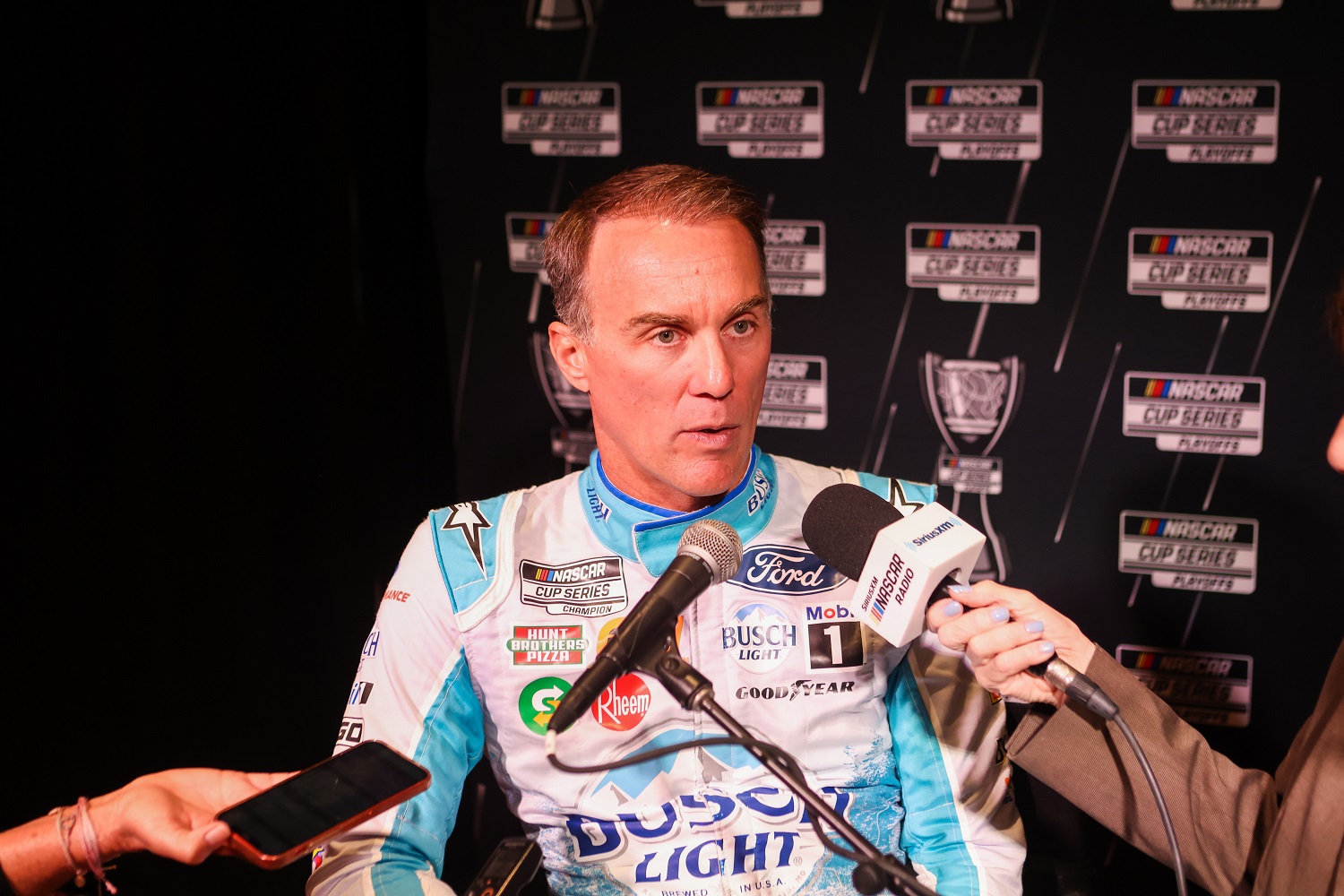 Kevin Harvick speaks to reporters during the 2022 NASCAR Cup Series Playoff Media Day on Sept. 1, 2022, at the Charlotte Convention Center.