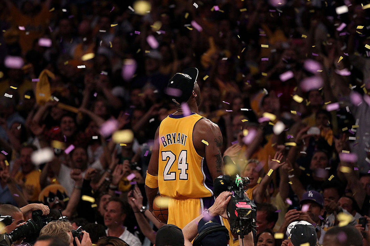 Kobe Bryant stands amid the confetti after the LA Lakers won the 2010 NBA title.