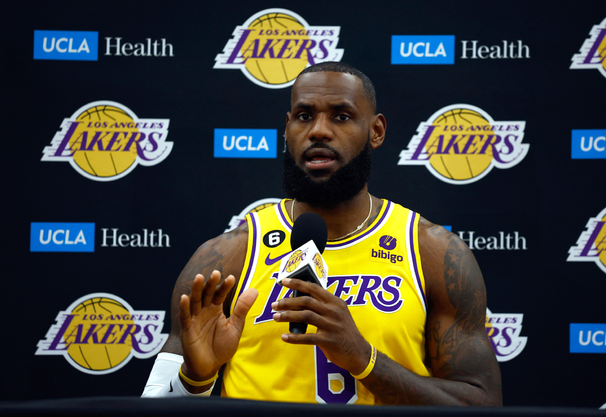 LeBron James of the Los Angeles Lakers speaks with the media during Los Angeles Lakers media day.