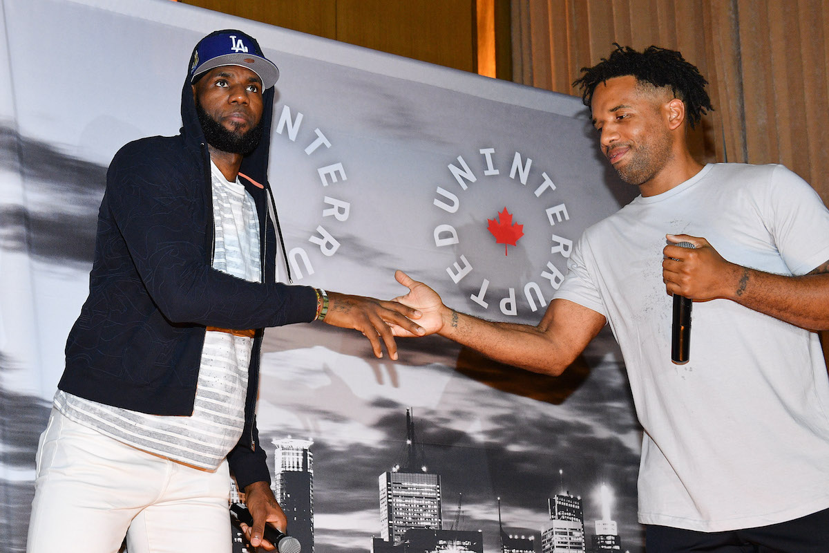 NBA star Lebron James and Maverick Carter shake hands at the Uninterrupted Canada Launch in 2019