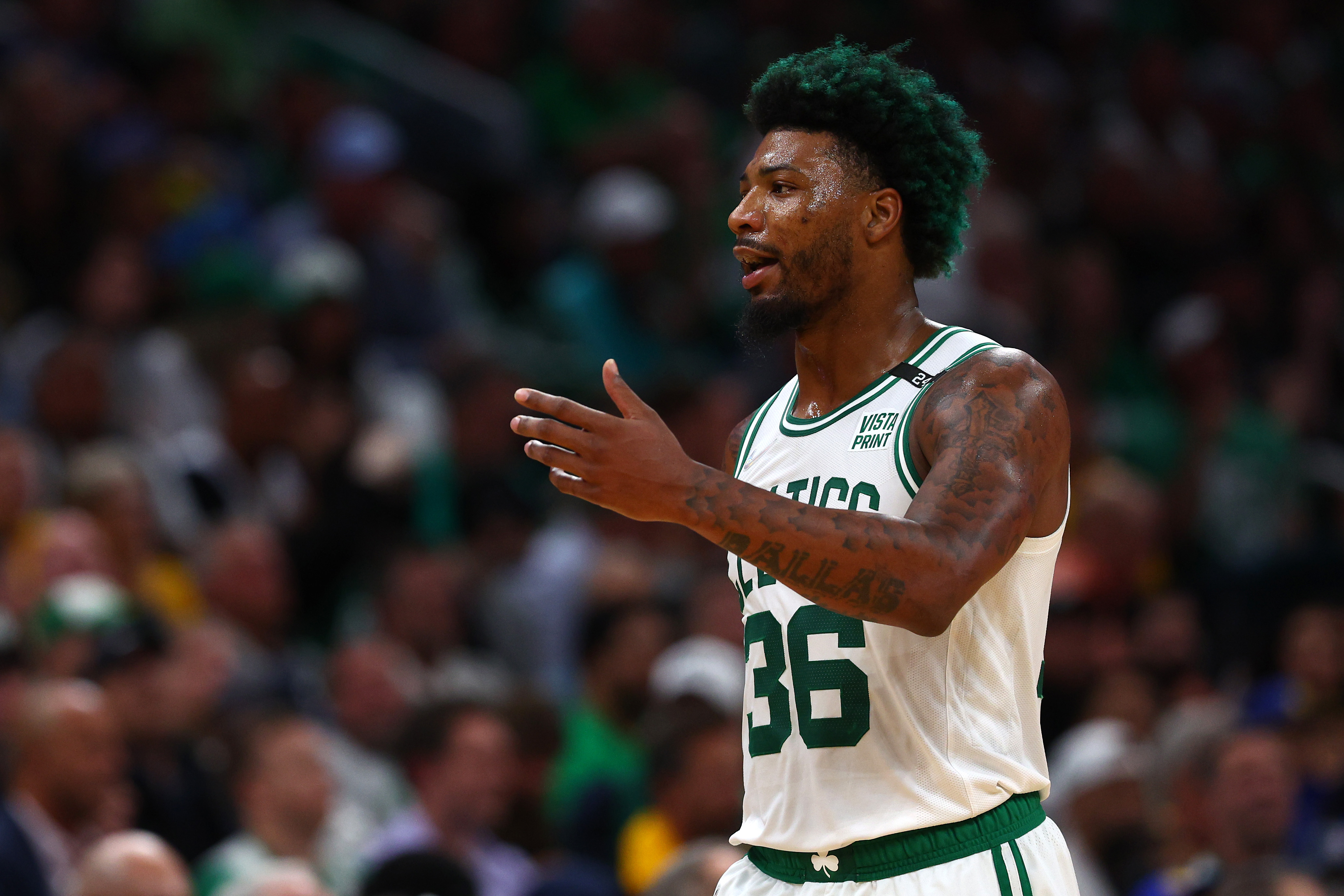 Marcus Smart of the Boston Celtics reacts against the Golden State Warriors.