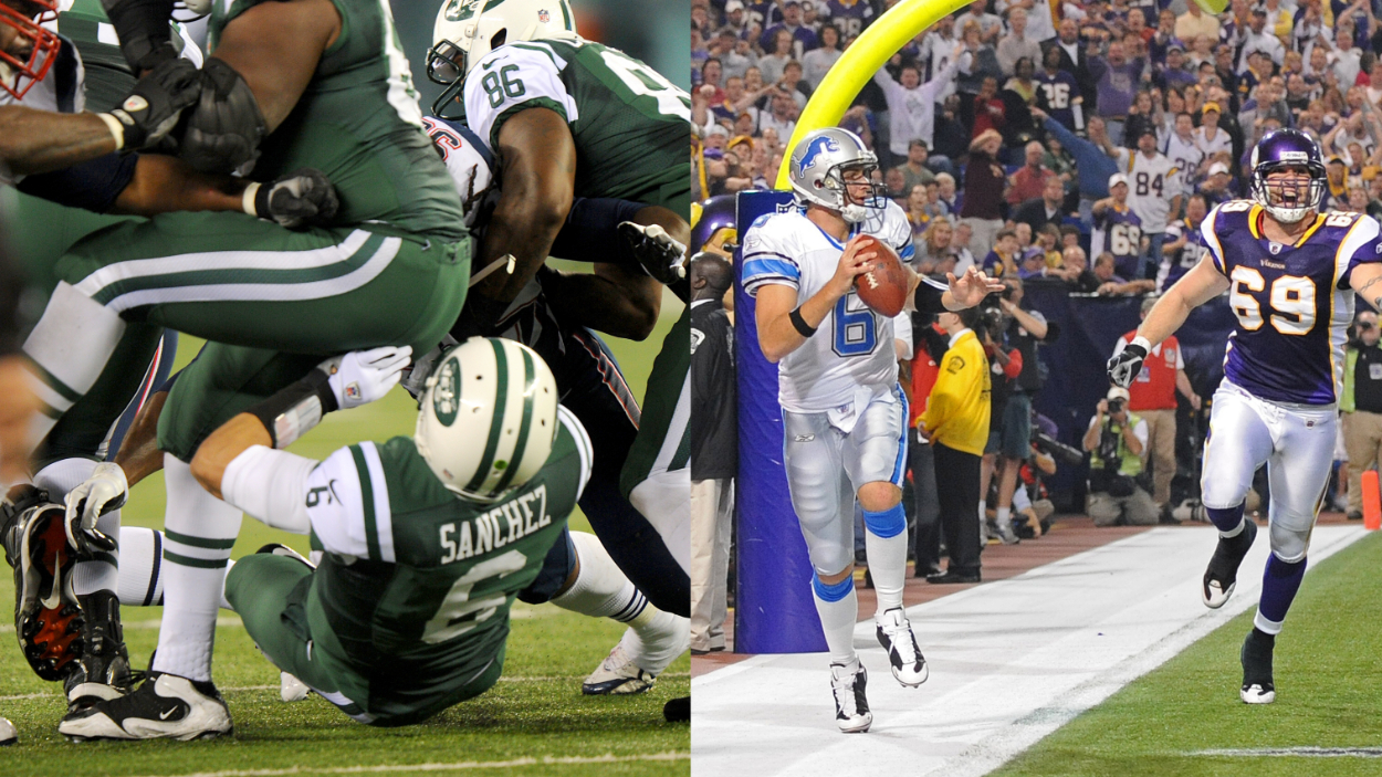 (L-R) Former New York Jets QB Mark Sanchez and the butt fumble; Former Detroit Lions QB Dan Orlvsky and the self-safety