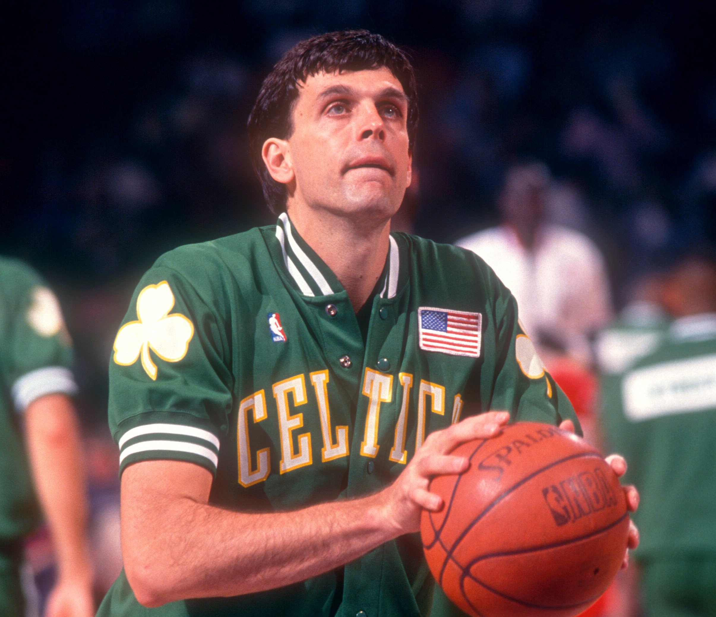 Kevin McHale of the Boston Celtics shoots free throws during warm-ups prior to an NBA game against the Philadelphia 76ers.
