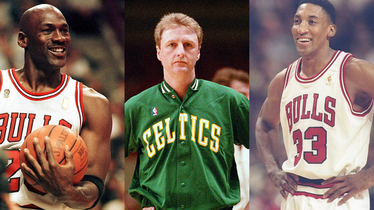 Las leyendas de la NBA Michael Jordan (izquierda), Larry Bird (centro) y Scottie Pippen (derecha).